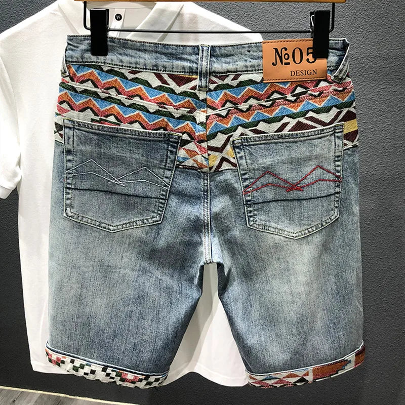 Vintage-Inspired Denim Shorts for Men – Embroidered & Ripped Knee-Length Shorts in White, Black, and Retro Blue
