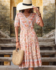 Vintage Women's Pink Fungus Print V-Neck Midi Dress