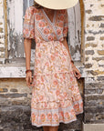 Vintage Women's Pink Fungus Print V-Neck Midi Dress