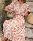 Vintage Women's Pink Fungus Print V-Neck Midi Dress