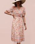 Vintage Women's Pink Fungus Print V-Neck Midi Dress