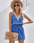 Women's Casual Lace V-Neck Sleeveless Belt Jumpsuit