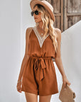Women's Casual Lace V-Neck Sleeveless Belt Jumpsuit
