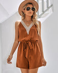 Women's Casual Lace V-Neck Sleeveless Belt Jumpsuit