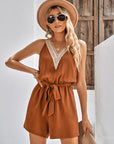 Women's Casual Lace V-Neck Sleeveless Belt Jumpsuit