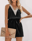 Women's Casual Lace V-Neck Sleeveless Belt Jumpsuit