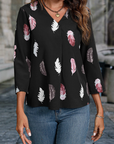 Women's Woven V-Neck Feather Print Cropped Sleeve Loose Blouse