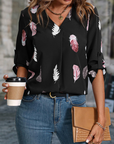 Women's Woven V-Neck Feather Print Cropped Sleeve Loose Blouse
