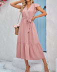 Casual new solid color casual tie waist lace V-neck dress