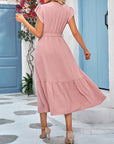 Casual new solid color casual tie waist lace V-neck dress