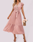 Casual new solid color casual tie waist lace V-neck dress