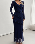 Long-sleeved women's temperament Slim mesh v-neck dresses