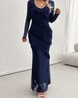 Long-sleeved women's temperament Slim mesh v-neck dresses
