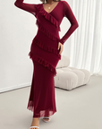 Long-sleeved women's temperament Slim mesh v-neck dresses
