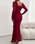 Long-sleeved women's temperament Slim mesh v-neck dresses