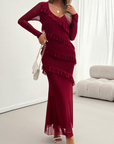 Long-sleeved women's temperament Slim mesh v-neck dresses