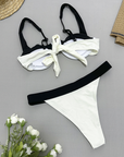 Black and white gathered two-piece swimsuit for women