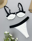Black and white gathered two-piece swimsuit for women