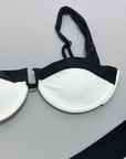 Black and white gathered two-piece swimsuit for women