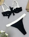 Black and white gathered two-piece swimsuit for women
