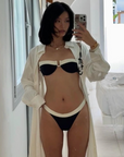Black and white gathered two-piece swimsuit for women