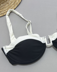 Black and white gathered two-piece swimsuit for women