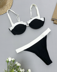 Black and white gathered two-piece swimsuit for women