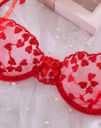 Lace Mesh Embroidered Bra Love Bow Tie Red Underwear Set