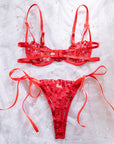 Lace Mesh Embroidered Bra Love Bow Tie Red Underwear Set