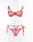 Lace Mesh Embroidered Bra Love Bow Tie Red Underwear Set