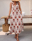 Holiday style high waist printed sleeveless V-neck A-line dress