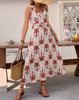 Holiday style high waist printed sleeveless V-neck A-line dress