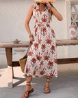 Holiday style high waist printed sleeveless V-neck A-line dress