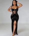 Sexy mesh perspective split velvet suspender strapless long dress, light luxury luxury, luxury, and high-end small dress