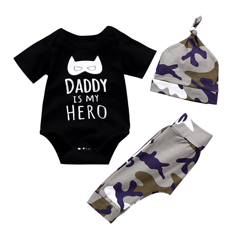 Wisefin Infant Boys&#39; 3-Piece Camo &amp; Cartoon Print Summer Outfit with Hat&quot;