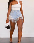 Plus Size High Waist Denim Shorts with Fringe Beading