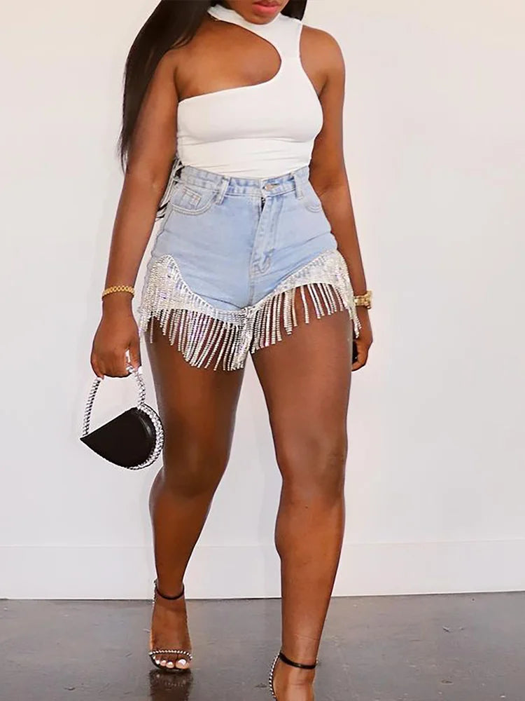 Plus Size High Waist Denim Shorts with Fringe Beading