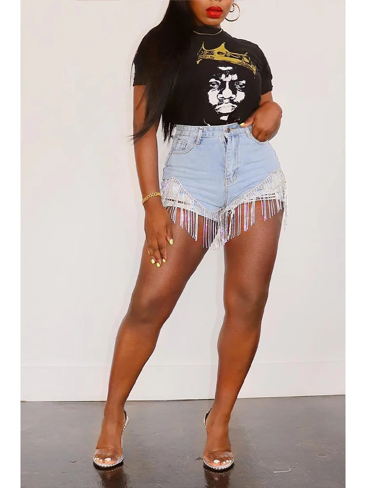 Plus Size High Waist Denim Shorts with Fringe Beading