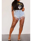 Plus Size High Waist Denim Shorts with Fringe Beading