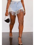 Plus Size High Waist Denim Shorts with Fringe Beading