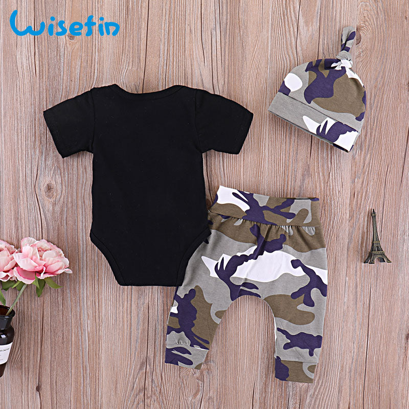 Wisefin Infant Boys&#39; 3-Piece Camo &amp; Cartoon Print Summer Outfit with Hat&quot;