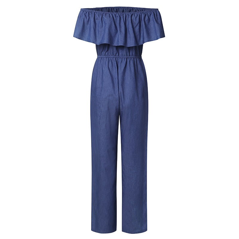 Women&#39;s Plus Size Denim Romper: Off-Shoulder, Ruffled, Wide Leg Summer Jumpsuit