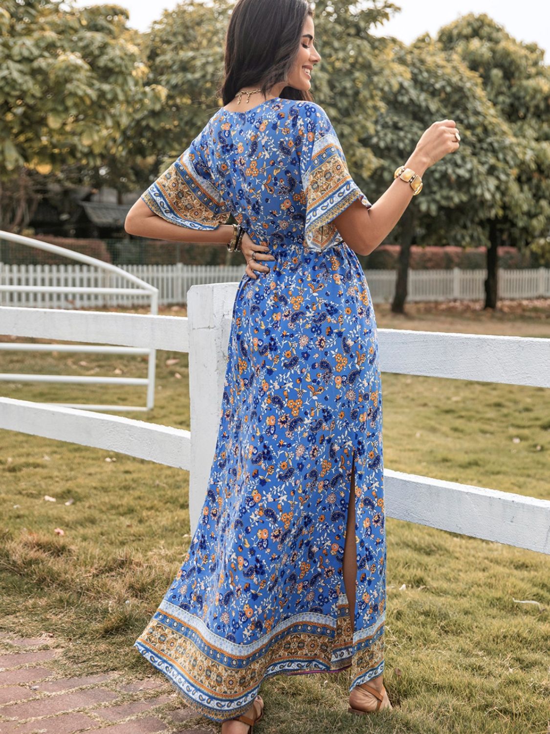 Slit V-Neck Half Sleeve Maxi Dress