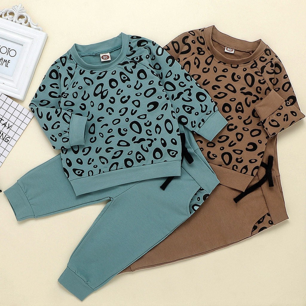 Cute Cartoon &amp; Leopard Print Kids Clothes Set