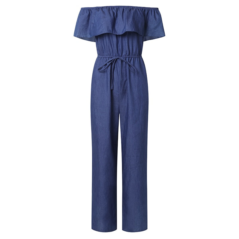 Women&#39;s Plus Size Denim Romper: Off-Shoulder, Ruffled, Wide Leg Summer Jumpsuit