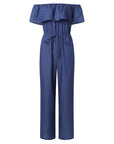 Women's Plus Size Denim Romper: Off-Shoulder, Ruffled, Wide Leg Summer Jumpsuit