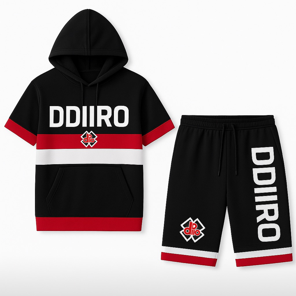 DDIIRO Signature 2-Piece Hoodie Short Set – Black, Red & White