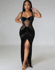 Sexy mesh perspective split velvet suspender strapless long dress, light luxury luxury, luxury, and high-end small dress