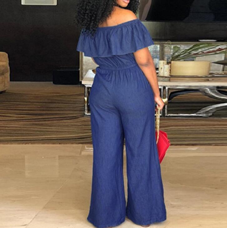 Women&#39;s Plus Size Denim Romper: Off-Shoulder, Ruffled, Wide Leg Summer Jumpsuit