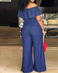 Women's Plus Size Denim Romper: Off-Shoulder, Ruffled, Wide Leg Summer Jumpsuit